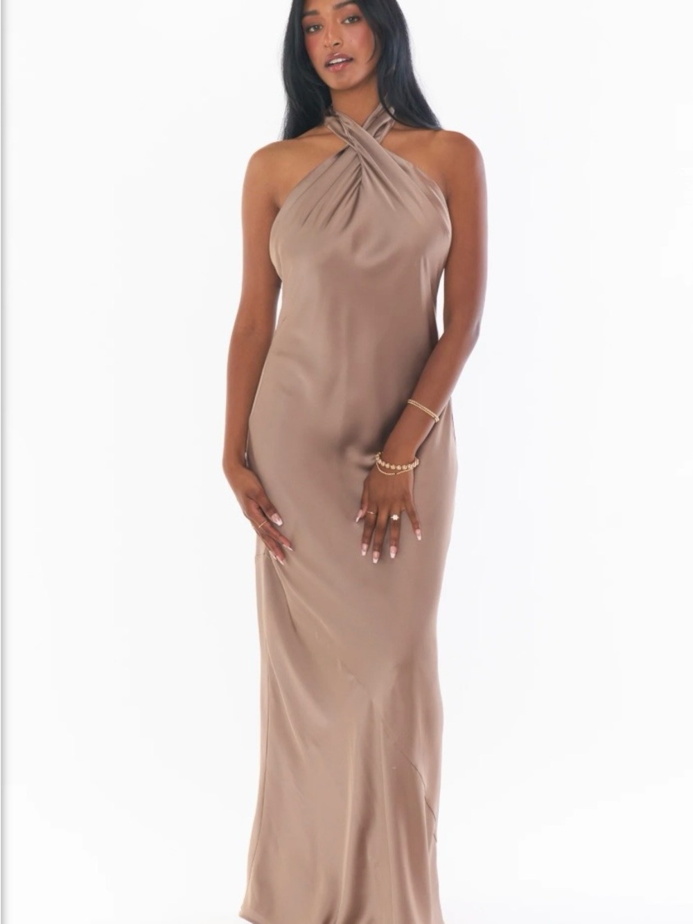 Jasmine Halter Maxi Dress in Dune Luxe Satin